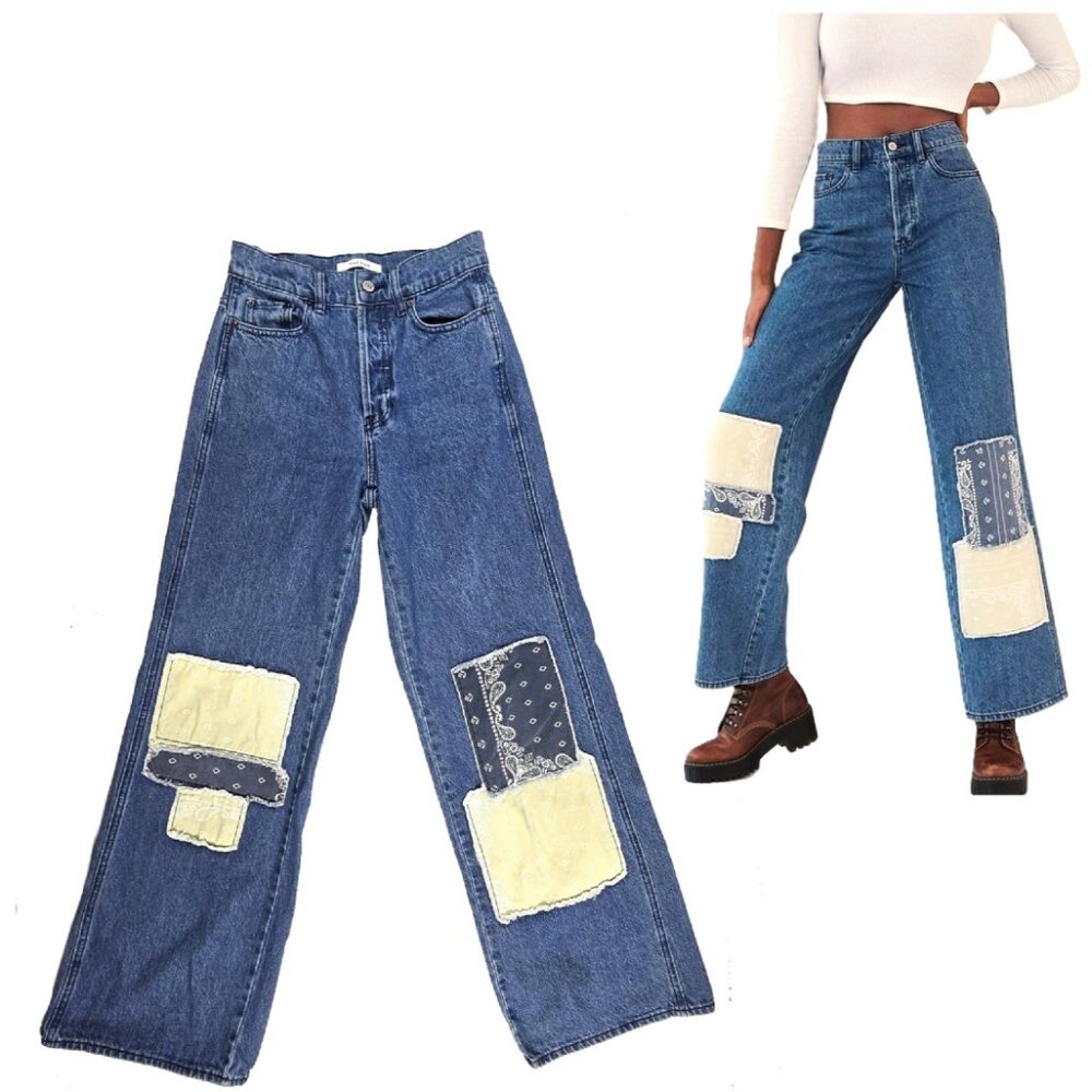 Pacsun Eco Bandana Patch High Waisted Baggy Relaxed Leg Jeans Button Fly Size 25